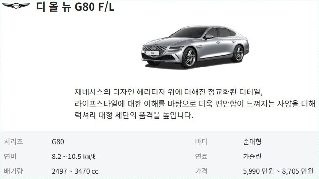 현대자동차 제네시스g80 가격표