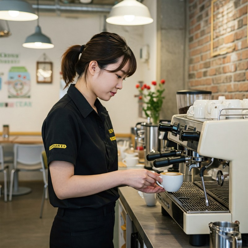 에스프레소 머신을 능숙하게 다루며 커피를 준비하는 젊은 한국 여성 아르바이트생