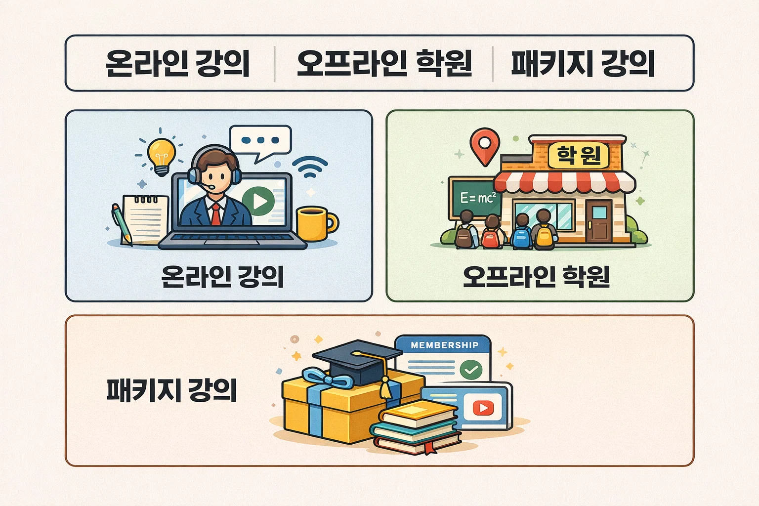 사회복지사 1급 강의 비교 기준으로 온라인 강의, 오프라인 학원, 패키지 강의의 비용 구성과 수강 방식 차이를 직관적으로 정리한 설명 이미지입니다