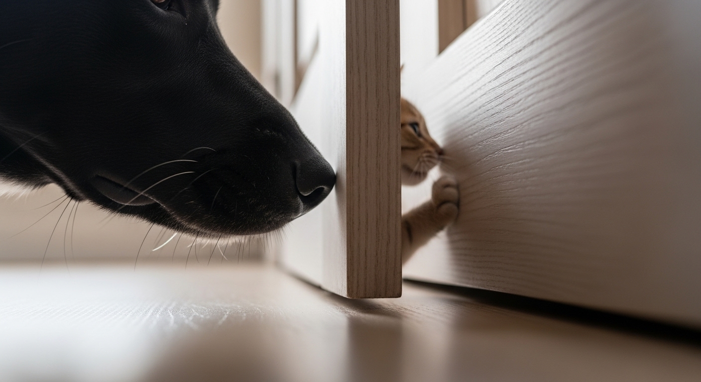 닫힌 문틈 사이로 강아지와 고양이가 서로의 냄새를 맡으며 탐색하는 모습