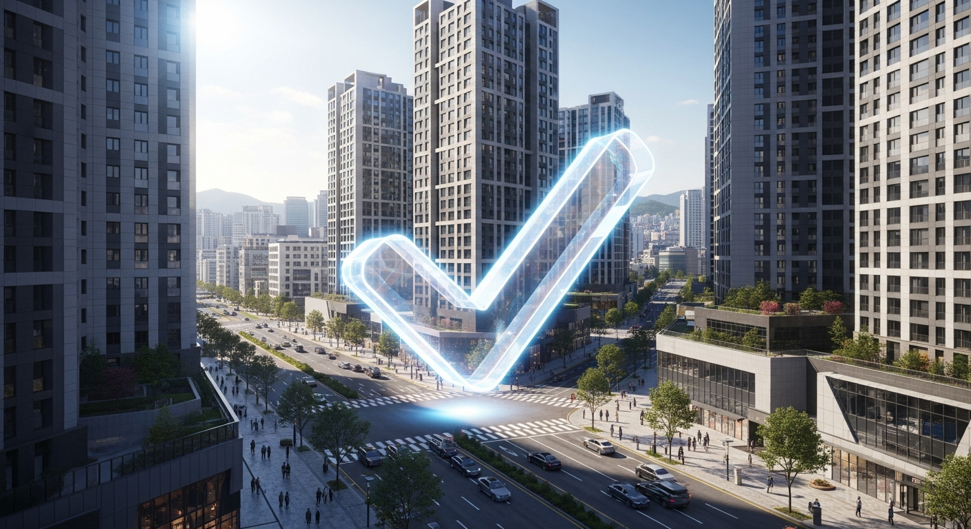 2026년 서울의 현대적인 아파트 단지 전경. 전경에는 대출 승인을 의미하는 투명한 3D 홀로그램 체크 표시가 공중에 떠 있음. 밝은 주간, 낙관적인 분위기.