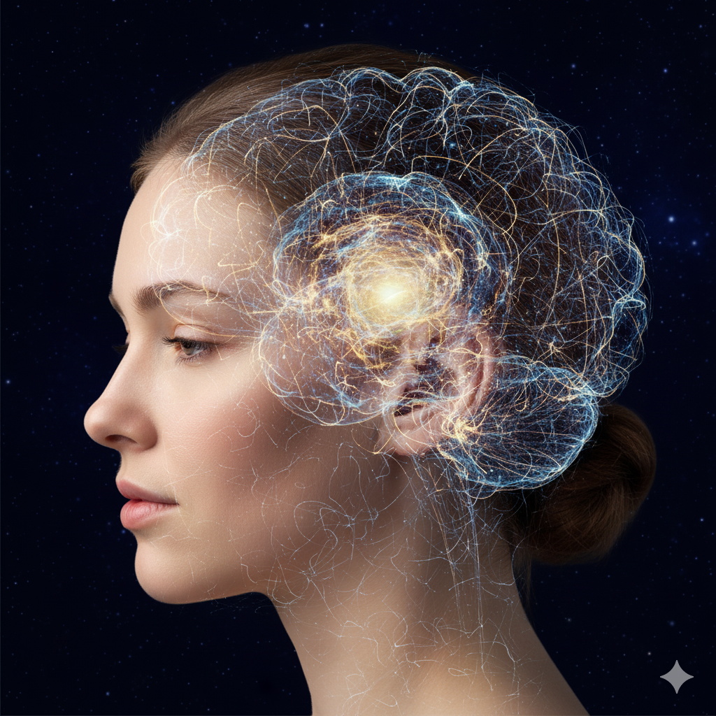 사람의 머릿속, 복잡하게 얽힌 신경망 속에서 특정 영역(DMN)이 밝게 빛나며 활성화되는 모습의 추상적 시각화.