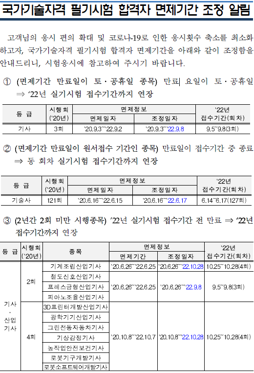 국가기술자격 필기시험 합격자 면제기간 조정 안내문