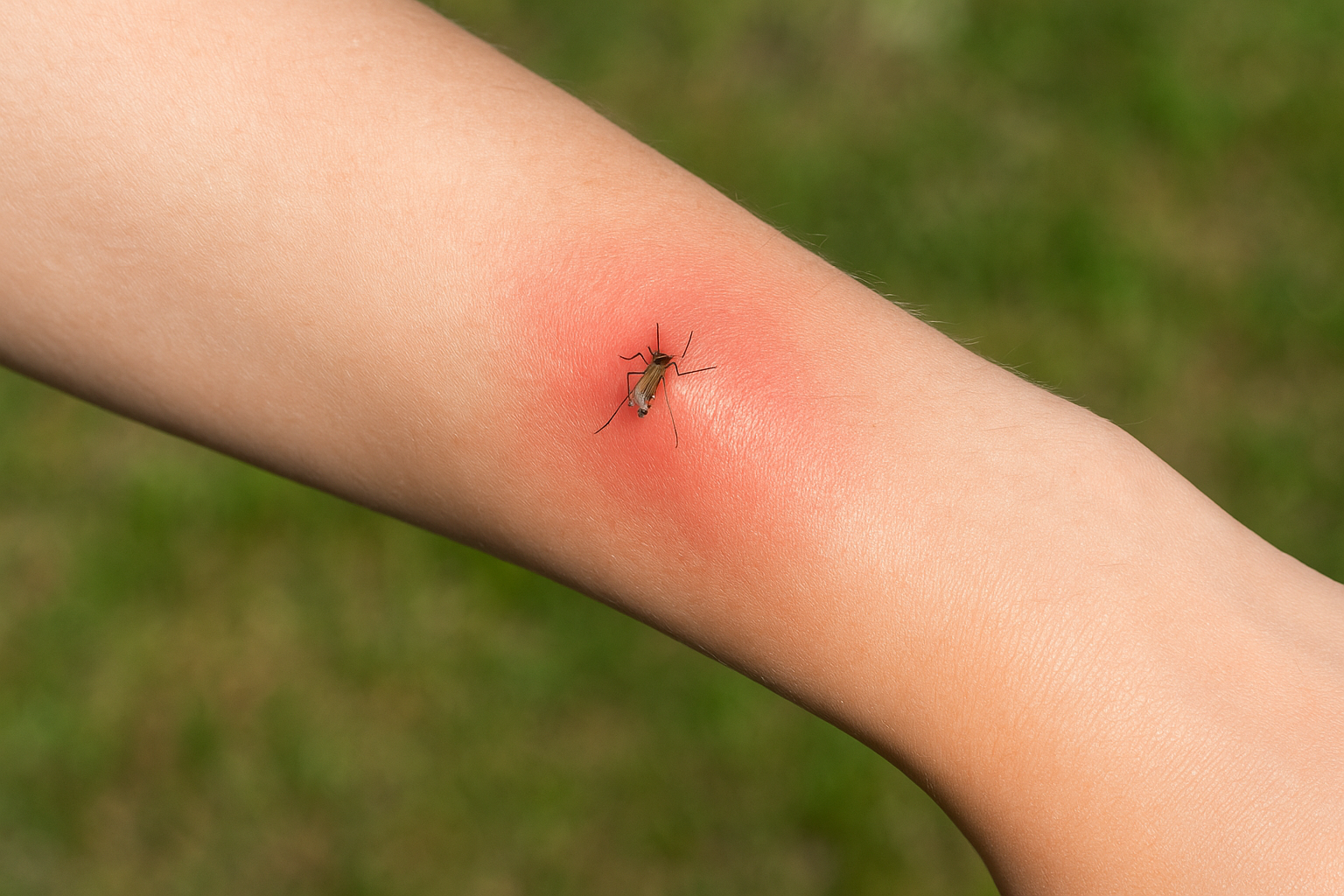 모기에 물려 붉게 부풀어 오른 팔 부위를 클로즈업으로 촬영한 이미지. 스키터 증후군으로 인한 심한 부종과 홍반을 표현한 실사 사진.