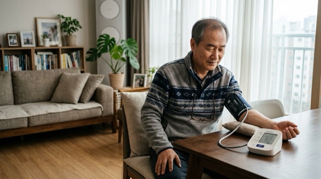 혈압계로 측정하는 50대 한국인