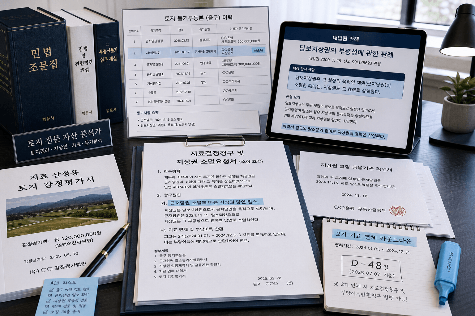 토지 등기부등본 을구 이력과 민법 조문집, 그리고 지료 산정용 토지 감정평가서가 정밀하게 매칭된 데스크 위에서 선순위 지상권의 부종성 맹점을 파헤치는 토지 전문 자산 분석가의 업무 공간 이미지