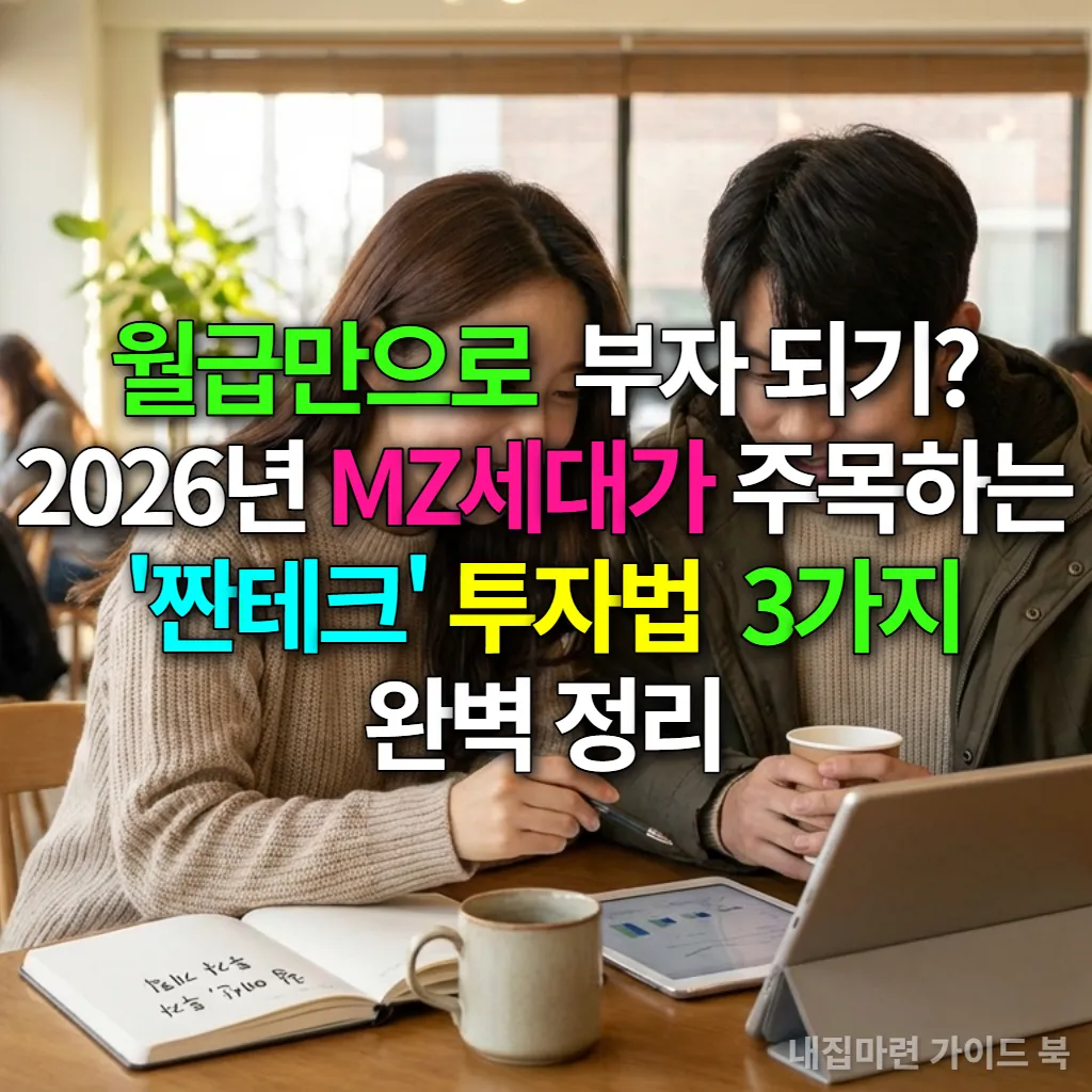 카페에서 태블릿을 보며 짠테크와 재테크에 대해 이야기하는 젊은 한국인 부부