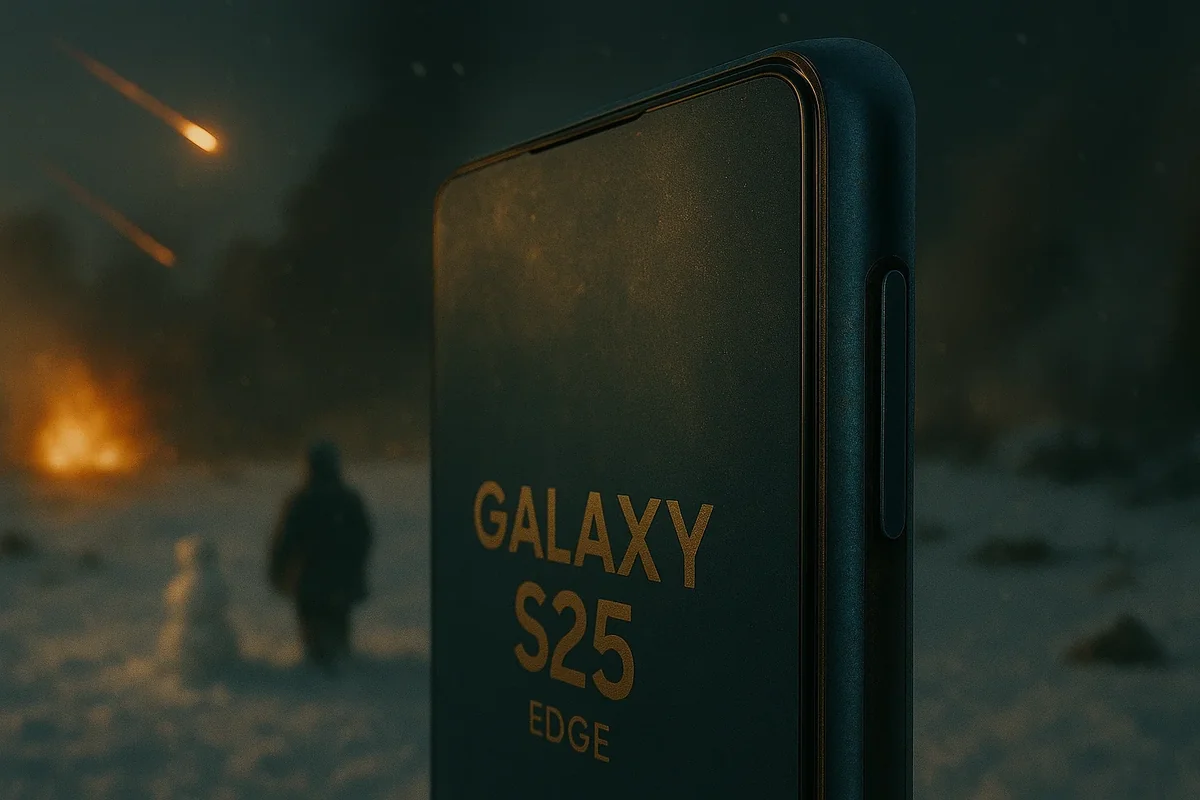 어두운 배경 속 갤럭시 S25 엣지 스마트폰과 겨울 풍경