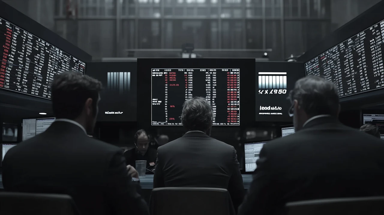 뉴욕 증권거래소의 활기찬 트레이딩 장면 속에서 투자자들이 S&P500 지수의 동향을 분석하며 집중하는 모습. 시장의 변화를 반영한 열정과 집중의 분위기가 드러납니다.