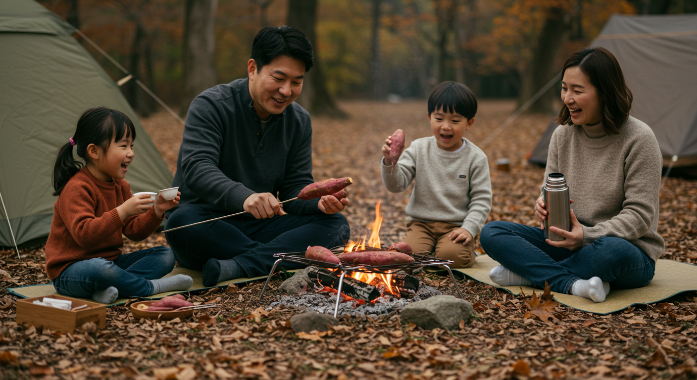 캠프나온 가족이 고구마를 구워먹을 준비를 하고 있다