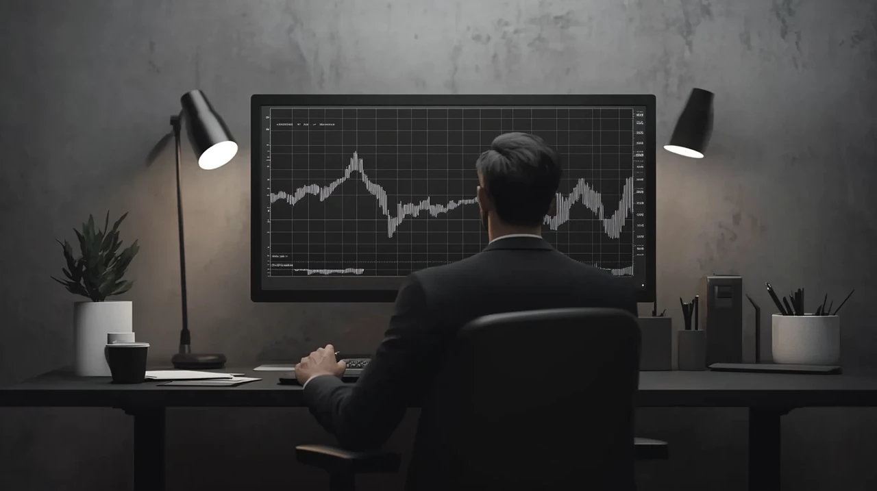 전문가가 최신 주식 차트를 모니터로 분석하는 장면으로, 집중된 분위기 속에서 장기 투자 전략을 논의하며 IRP 10년 ETF 포트폴리오를 평가하는 모습