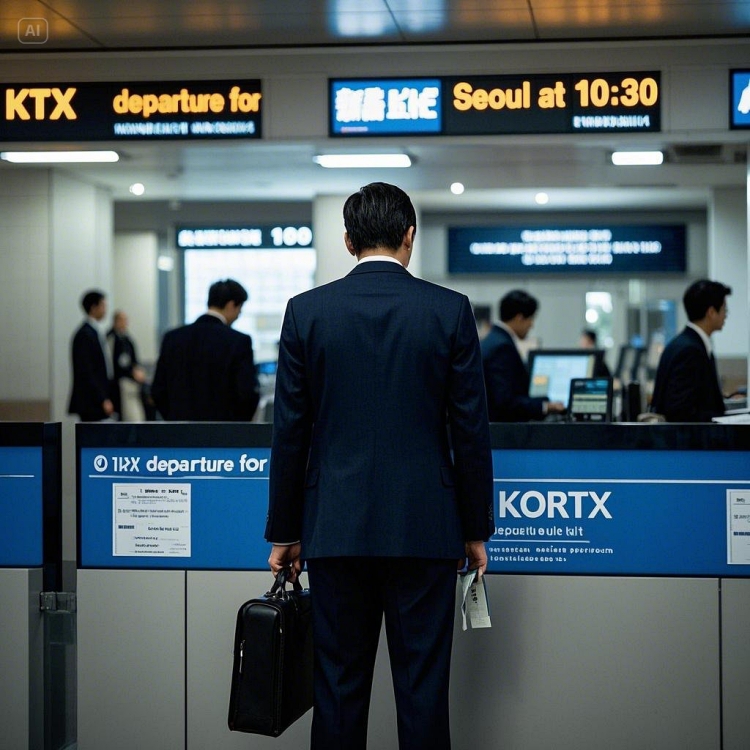 KTX 역사 내부에서 코레일 매표소에서 승차권을 확인하는 직장인의 모습1