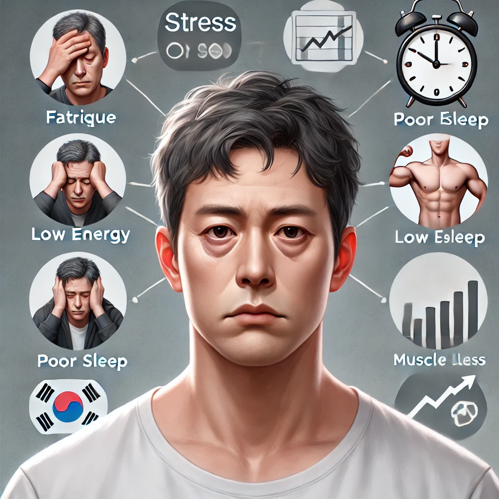 "테스토스테론 부족으로 인한 피로, 에너지 저하, 근손실 등의 신체적 변화"