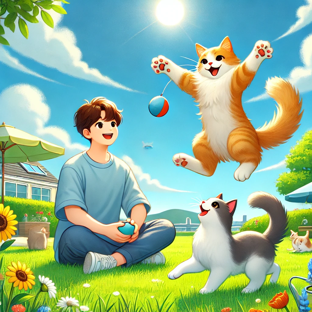 고양이 두마리가 사람과 즐겁게 놀고있는 모습