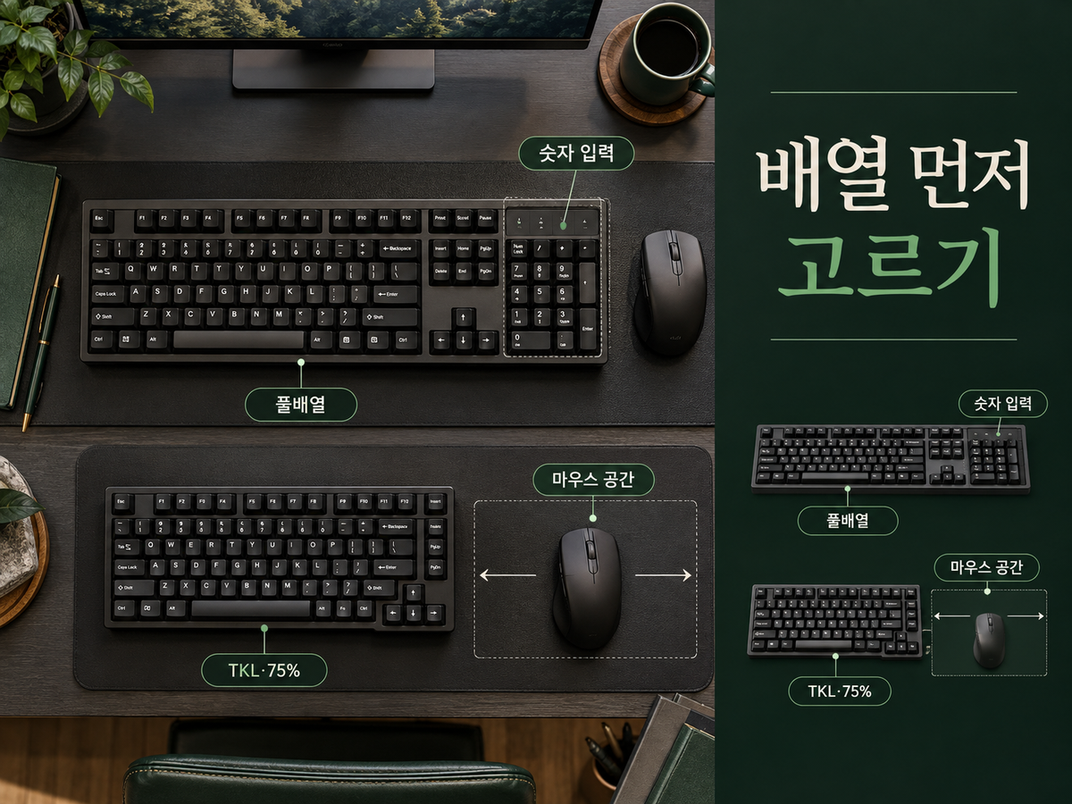 풀배열과 TKL·75% 배열의 숫자 입력과 마우스 공간 차이를 설명하는 비교 카드