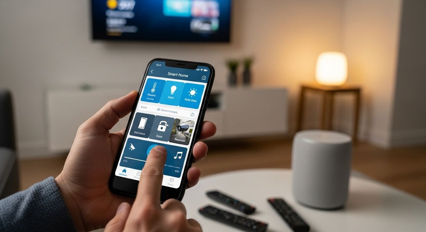 스마트폰으로 집안 IoT 기기를 제어하는 모습