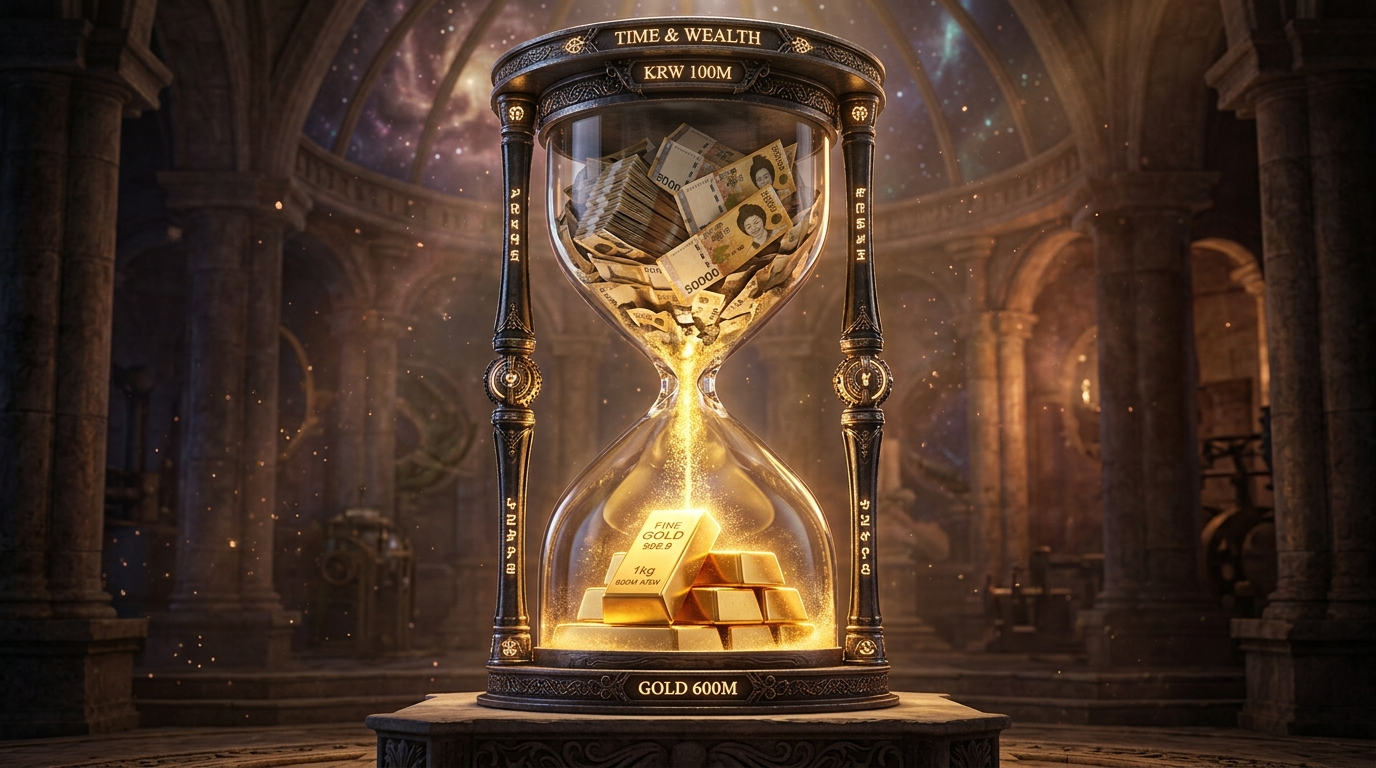 10년의 시간을 상징하는 모래시계 속에서 1억 원의 지폐가 서서히 녹아 금덩어리 6개로 변하는 신비로운 3D 일러스트