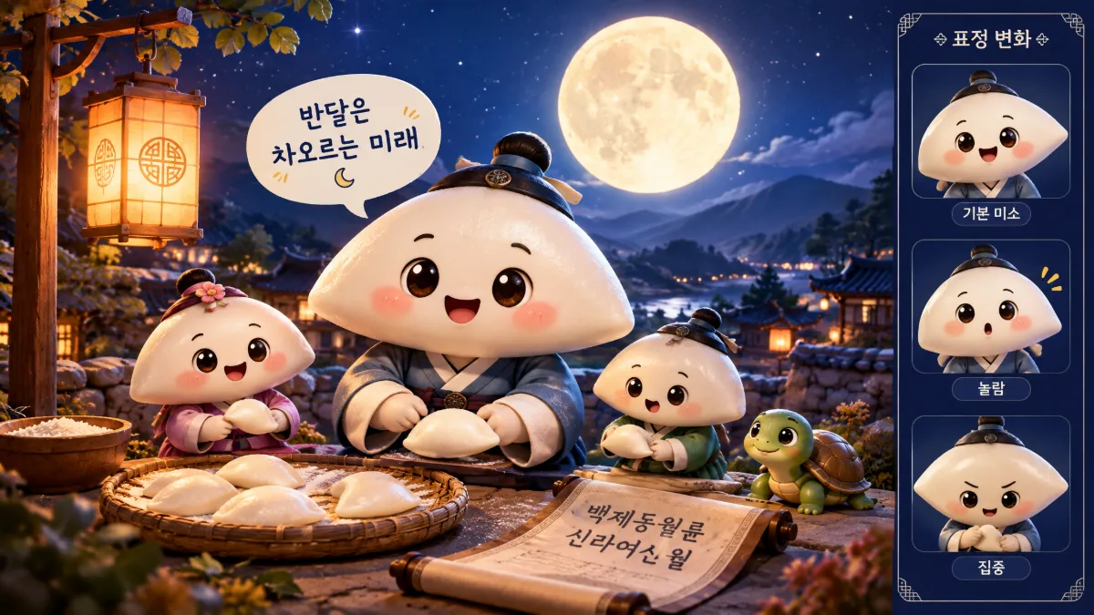 삼국시대 달빛 아래 반달 송편을 빚는 송편 마스코트와 조상들, 백제동월륜 신라여신월 설화 일러스트
