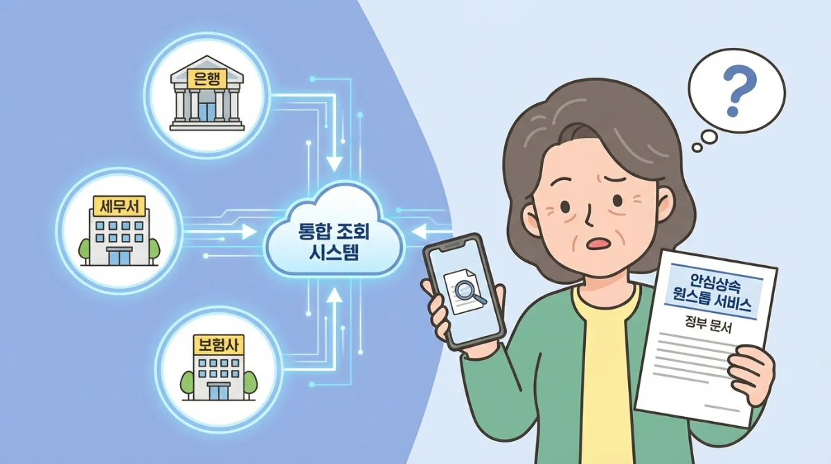 스마트폰과 정부 문서를 들고 있는 유가족 뒤로 은행, 세무서, 보험사 아이콘이 디지털 선으로 연결된 안심상속 원스톱 서비스 개념도