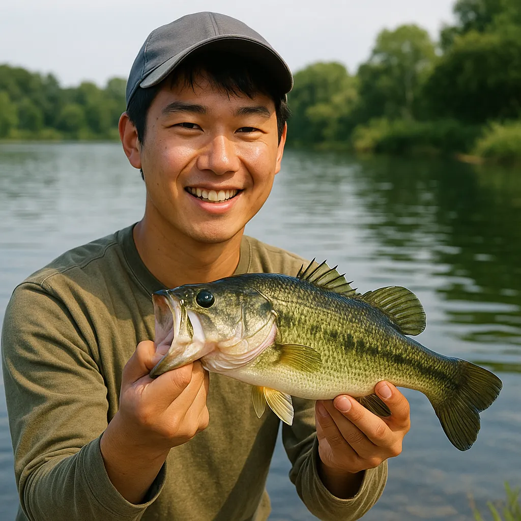 호숫가에서 배스를 들고 있는 낚시 입문자 모습