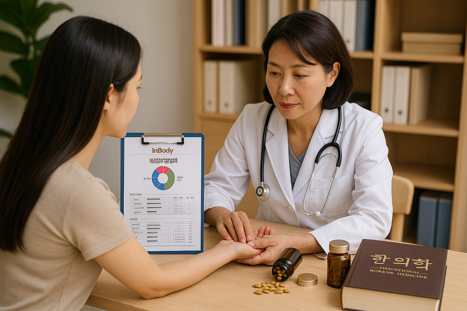 한의원에서 체질 분석을 받고 있는 여성 환자&amp;#44; 인바디 기기 사용 장면