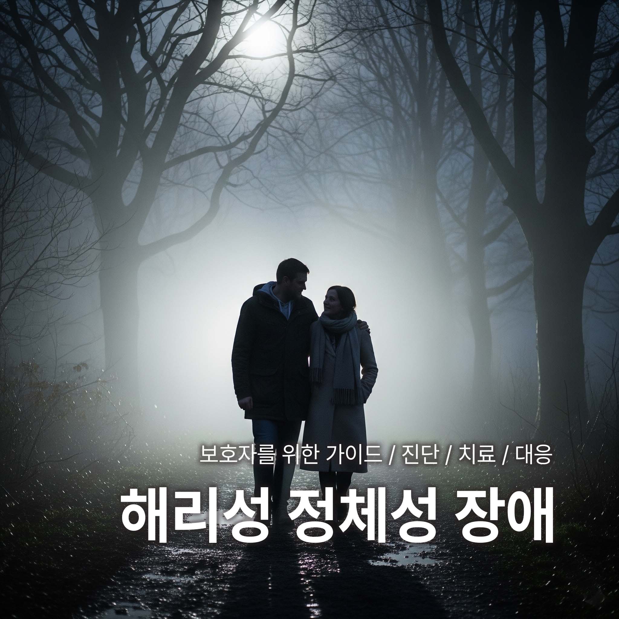 해리성 정체성 장애 환자와 그의 보호자가 어두운 안개 속을 걷고 있는 사진이다