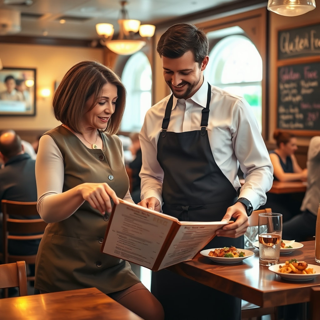 웨이터와 손님이 메뉴판을 보며 글루텐 프리 옵션에 대해 이야기하는 모습입니다.