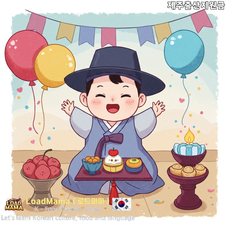 귀여운 한국 아기, 전통 모자 착용, 돌잡이, 첫돌 축하, 다채로운, 즐거운, 일러스트