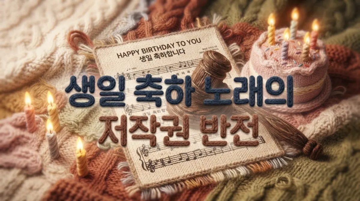 법정 망치가 놓인 빈티지 생일 축하 노래 악보를 손뜨개 니트 케이크가 둘러싼 따뜻한 워머트 톤 일러스트레이션