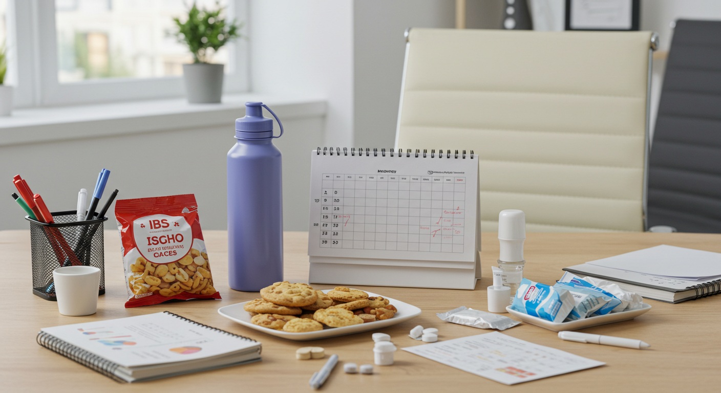 직장에서 IBS 관리를 위한 준비물과 전략을 보여주는 이미지