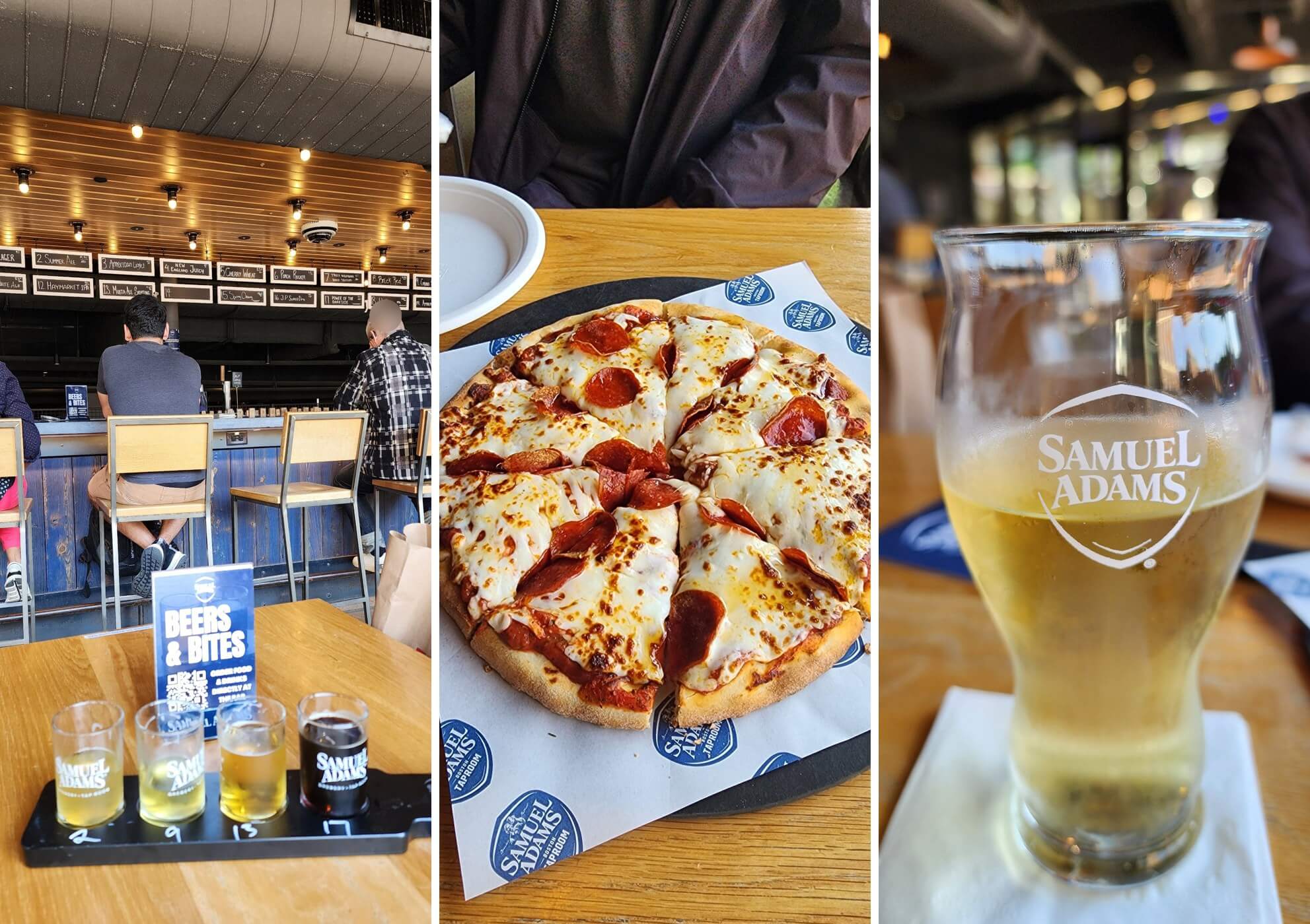 맥주 샘플러 4잔, 페퍼로니 피자, 사무엘 아담스 전용 잔