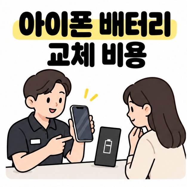 아이폰 배터리 교체 비용 제목 아래 상담 직원이 스마트폰과 배터리를 사용자에게 설명하는 대표 썸네일