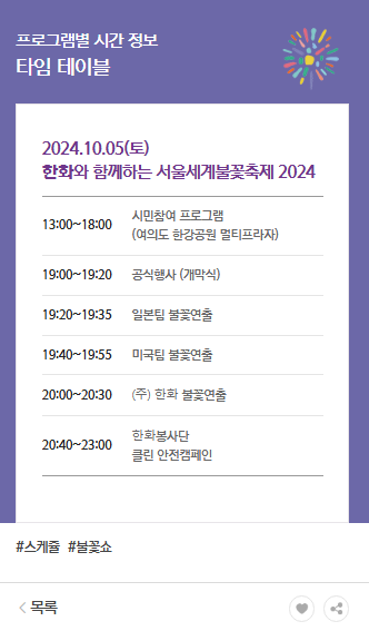 서울세계 불꽃 축제 일정 및 시간표