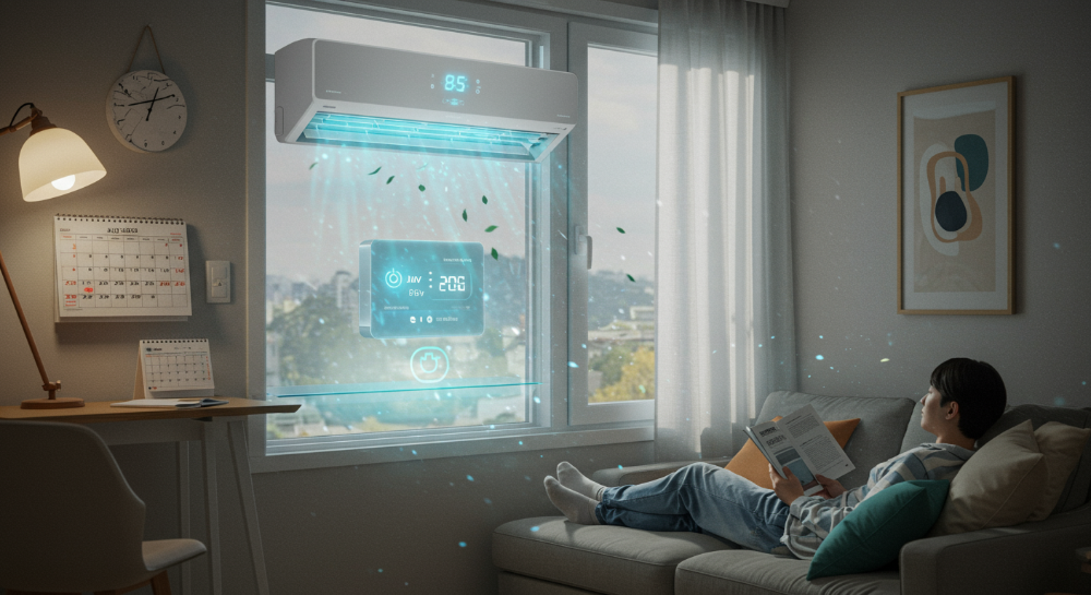 2025년 여름철, 창문형 에어컨을 스마트하게 사용하여 전기요금을 절약하는 아늑한 거실 풍경.