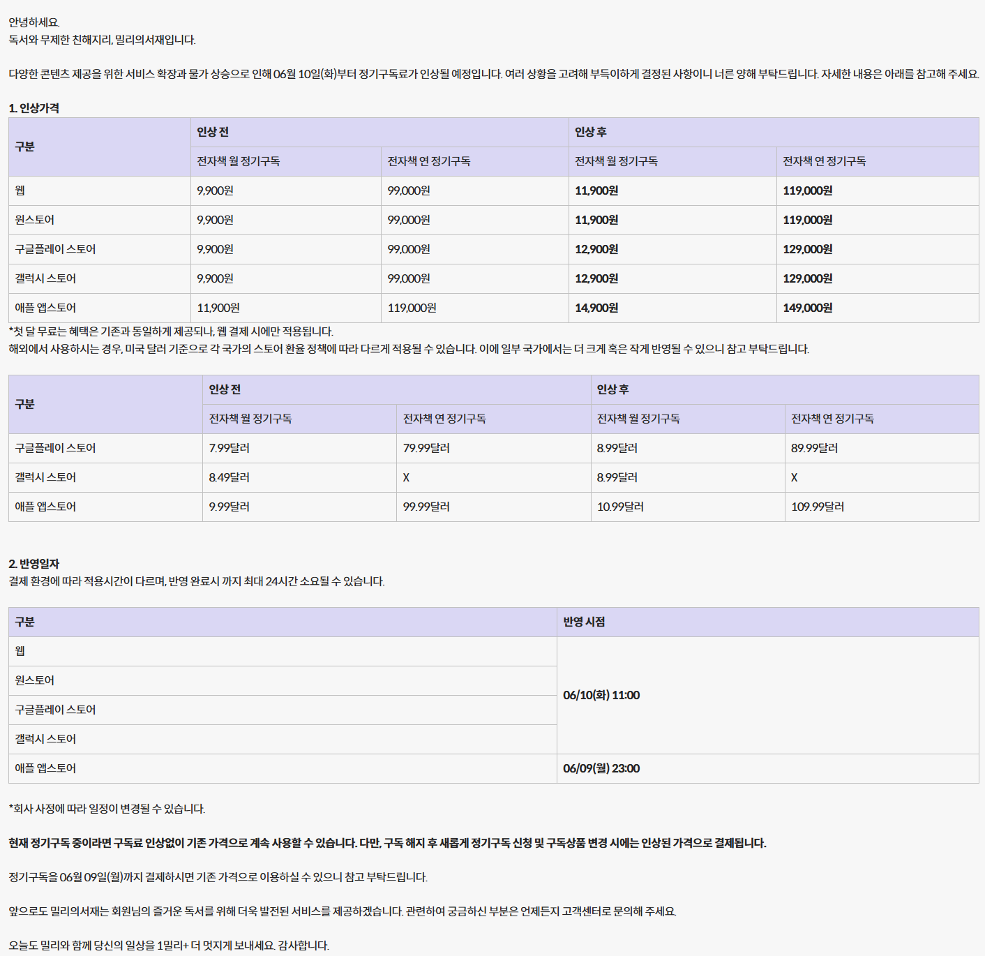 KT밀리의서재 구독료 인상