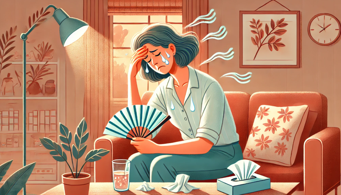 갱년기로 인해 땀흘리며 감정 기복을 겪고 있는 중년 여성 사진