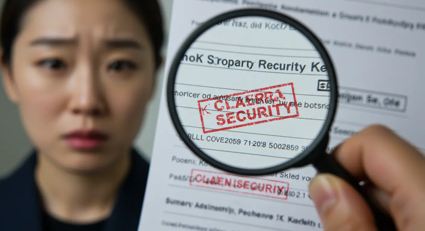 등기부등본 서류의 근저당권설정 글자를 돋보기로 보며 불안해하는 한국인 세입자