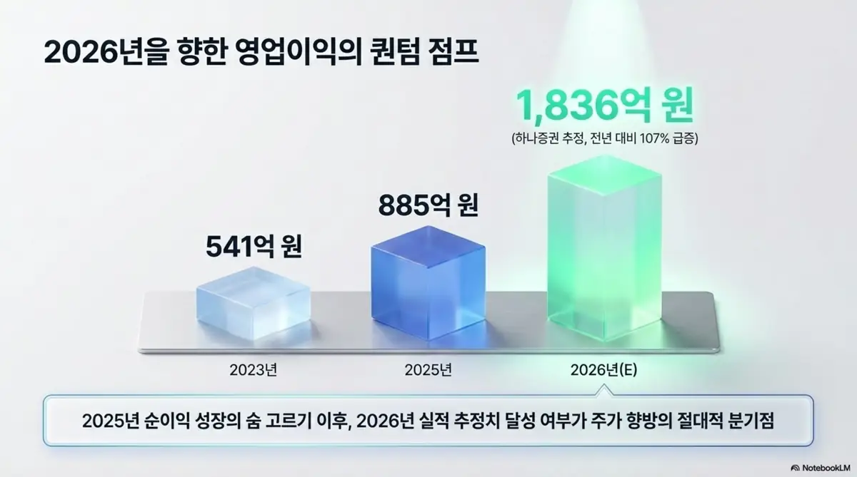 피에스케이 주가 전망: 피에스케이의 영업이익 성장 추이를 막대그래프로 보여주는 이미지. 2023년 541억 원, 2025년 885억 원에서 2026년 추정 1,836억 원으로 두 배 이상 도약하는 흐름과 실적 달성 여부가 주가 분기점이라는 점을 시각적으로 전달하며, 블로그의 피에스케이 실적 분석과 관련된 내용을 설명함