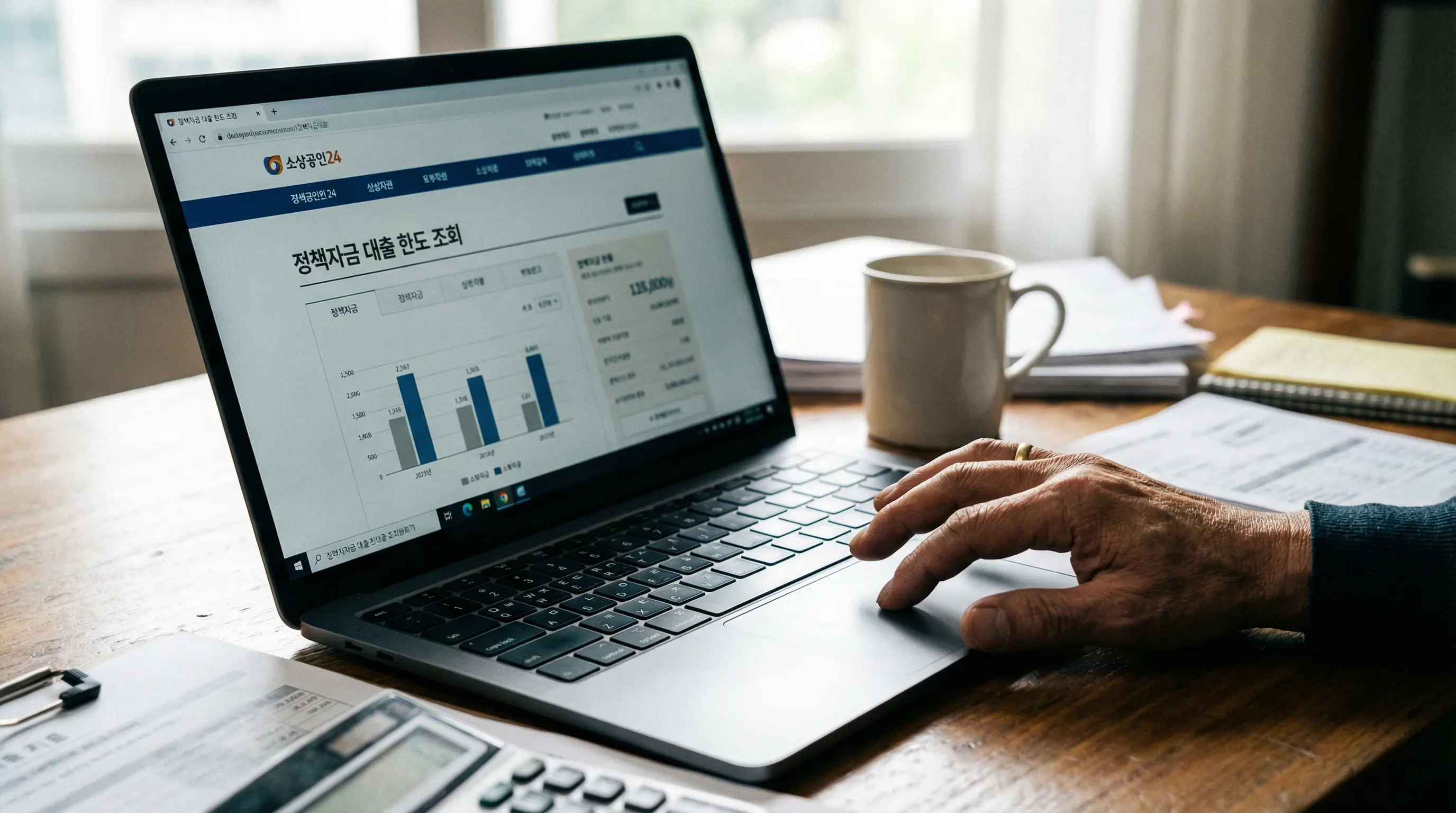노트북 화면에 소상공인24 홈페이지를 띄워놓고 정책자금 대출 한도를 조회하는 사장님의 손 클로즈업