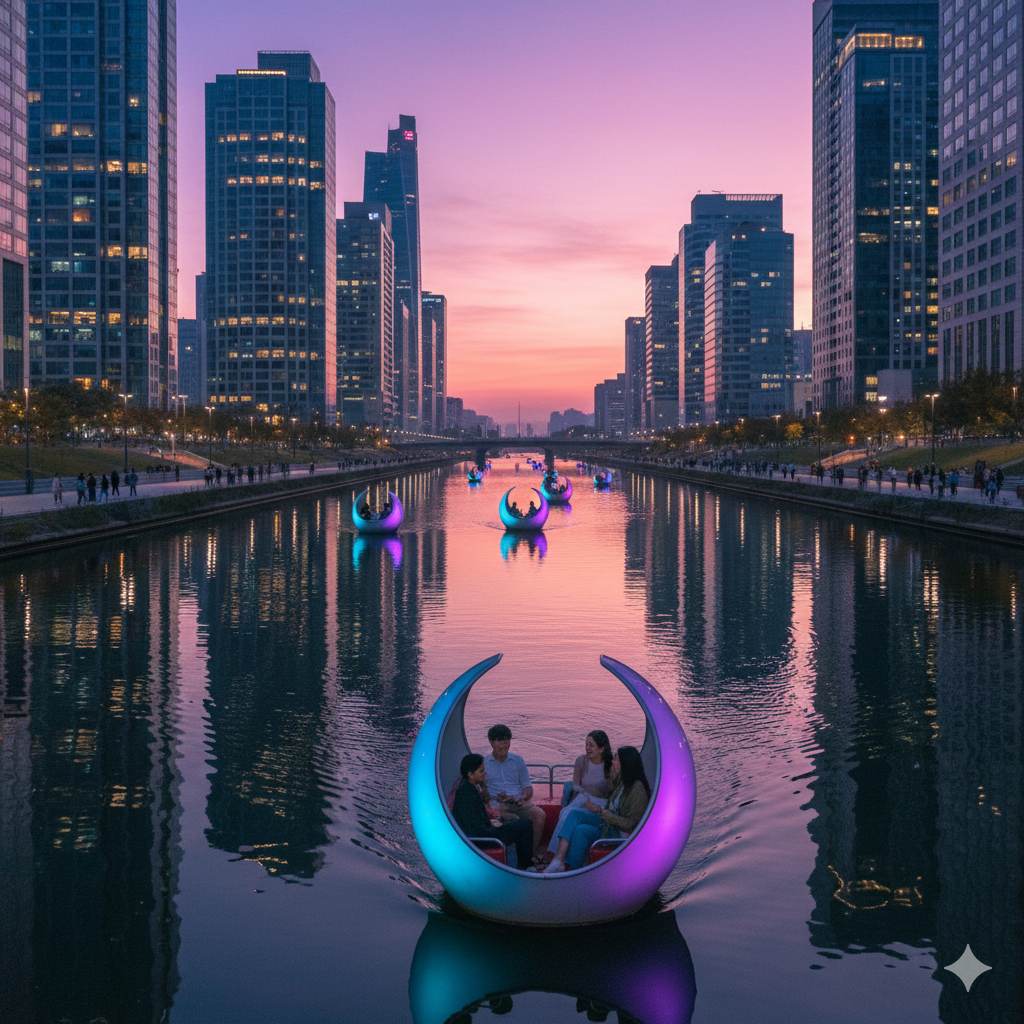 송도 센트럴파크의 미래형 빌딩 숲과 수로 위를 떠다니는 문보트 풍경