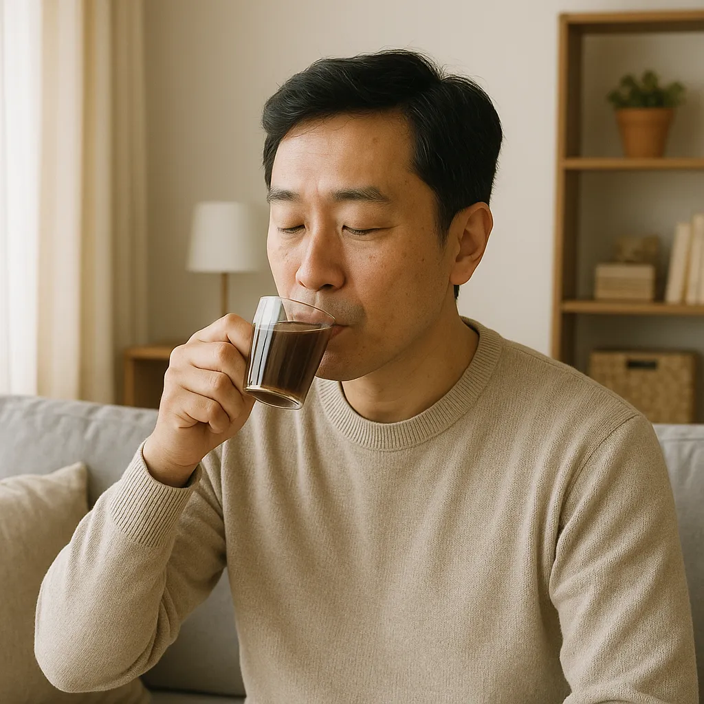 거실에서 전통 진액을 마시는 남성