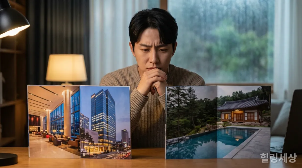자신에게 맞는 힐링 여행지를 선택하기 위해 도심 호캉스와 자연 풀빌라 정보를 비교하는 한국인의 모습