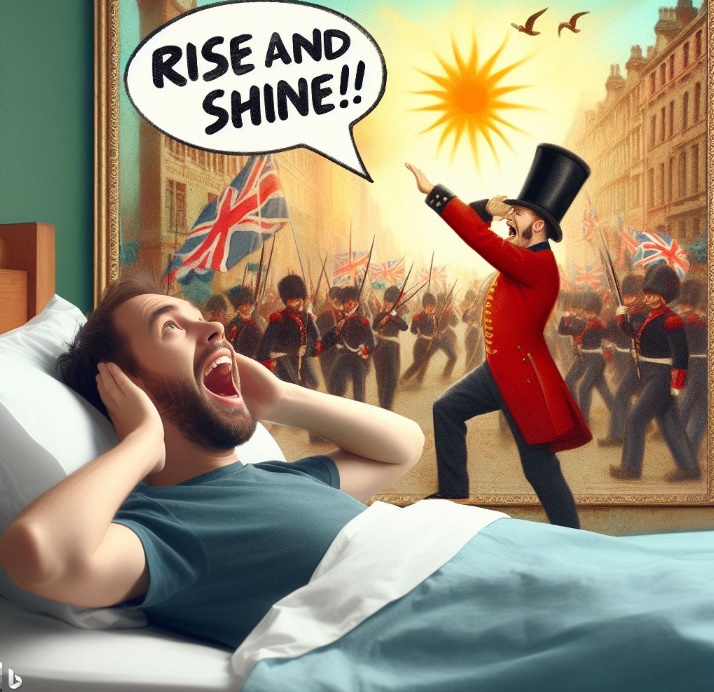 잠결에 기상 소리를 듣고 놀라는 모습(made by Bing)