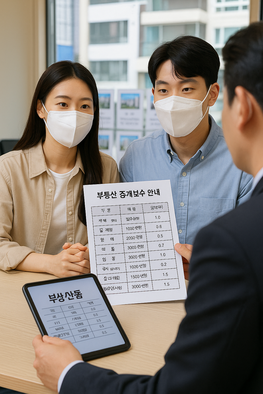 부동산 중개업소 안에서 복비 안내받고 있는 젊은 부부