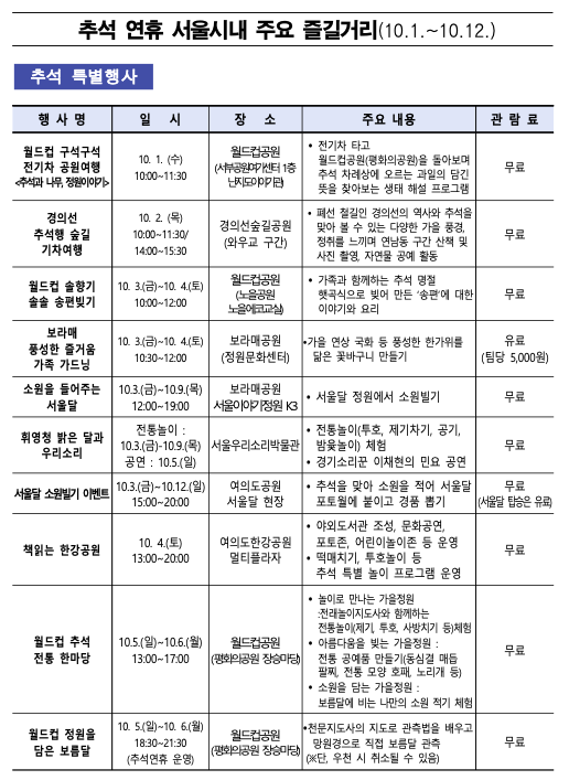 추석연휴 서울시내 행사 즐길거리 총 모음