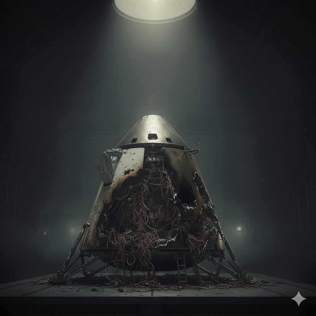 아폴로 1호 화재 사고를 재구성한 이미지. 우주 개발 역사 속 안전 규정의 중요성을 일깨우는 파손된 캡슐의 모습.