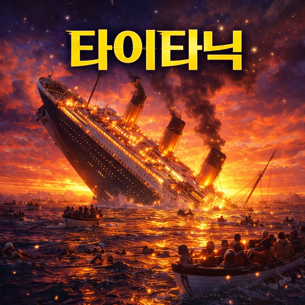 타이타닉 배가 바다로 가라 앉고 있는 사진
영화제목 타이타닉이 삽입되어 있음.