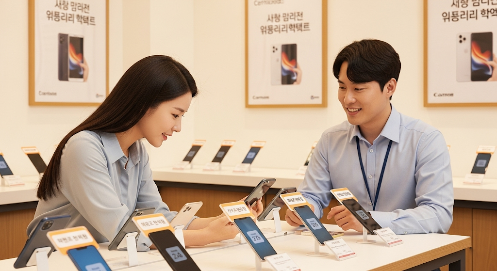 리퍼폰과 중고폰을 깔끔하게 진열한 매장에서 제품을 살펴보는 한국 여성과 설명 중인 직원