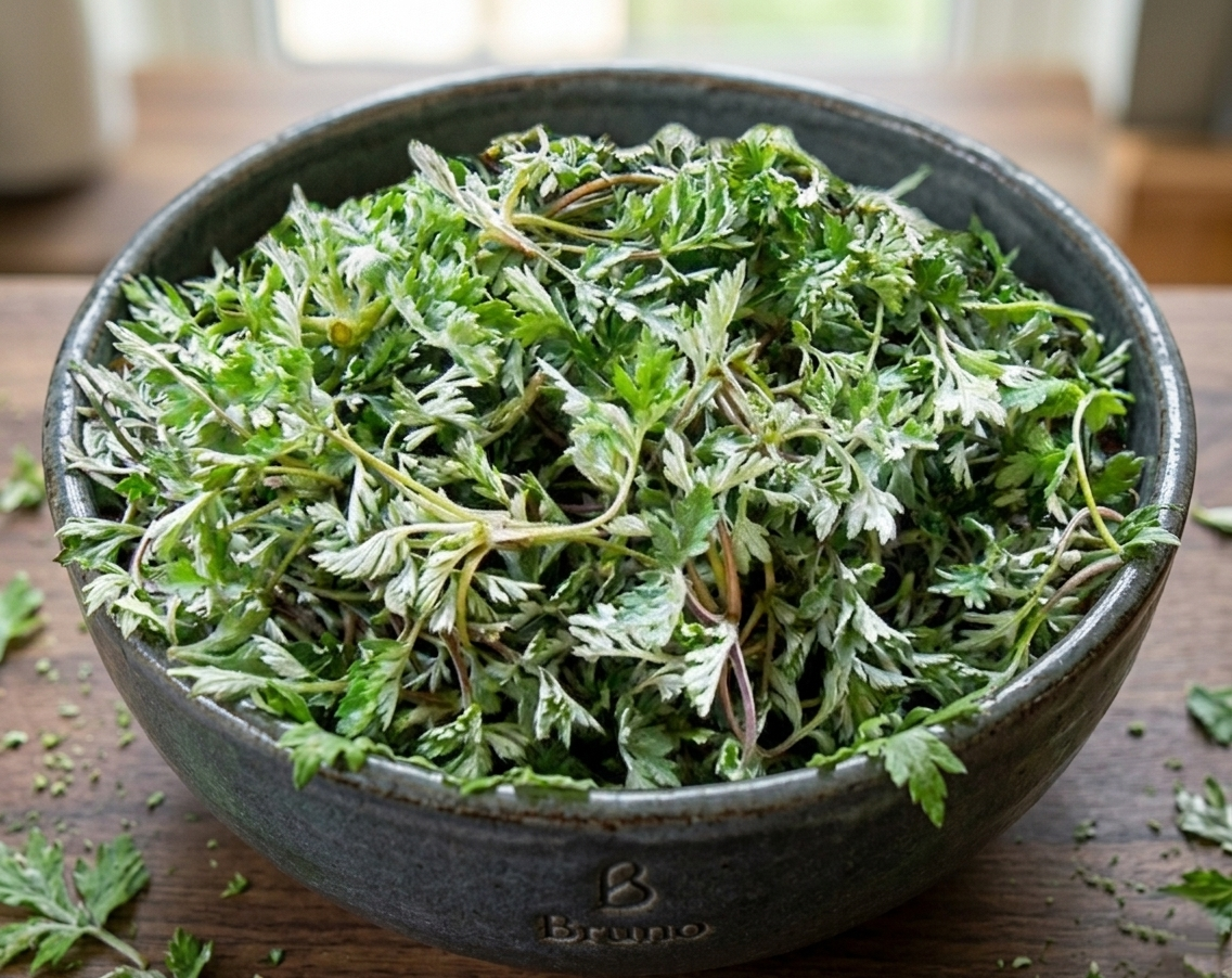 짙은 회색 무광 세라믹 볼에 가득 담긴 신선한 햇쑥. 주방 원목 조리대 위에서 따뜻한 자연광을 받아 쑥의 솜털 질감이 입체적으로 살아있는 요리 재료 준비 사진.