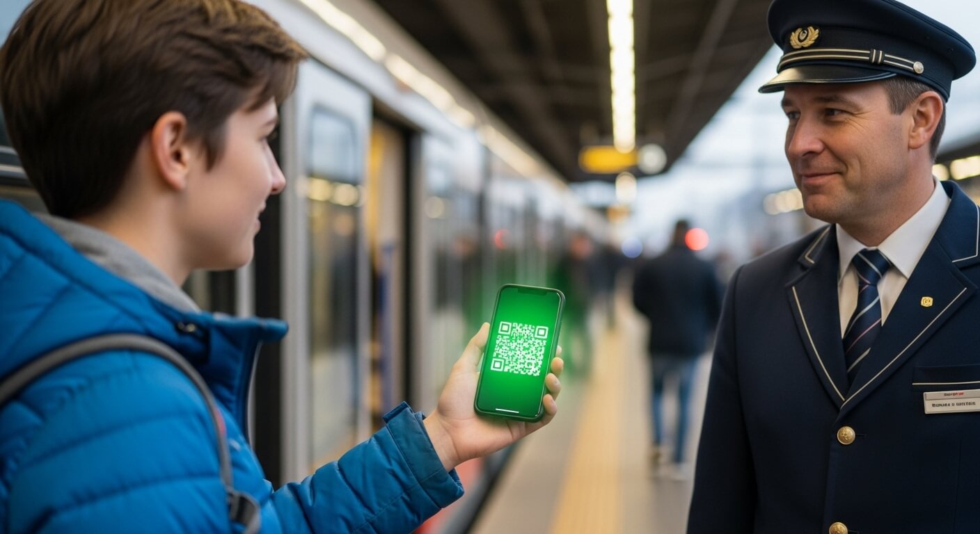 승무원에게 스마트폰 QR코드를 제시하는 승객